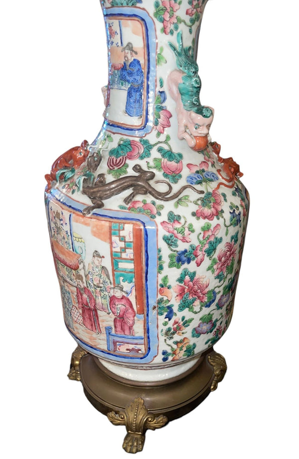19th Century Chinese Famille Rose Porcelain & Bronze Table Lamp