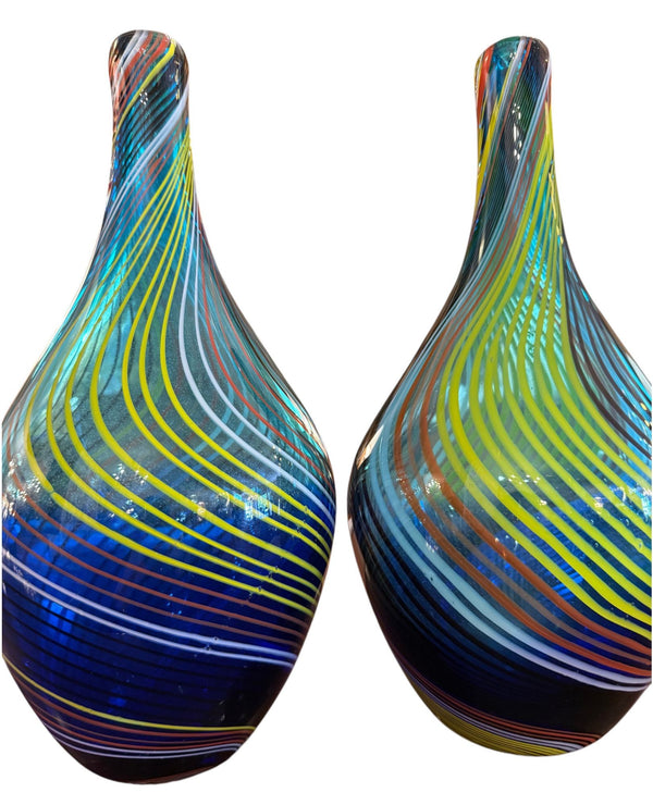Pair of Fratelli Toso Murano Swirl Glass Long-Neck Vases, Mid-20th Century.