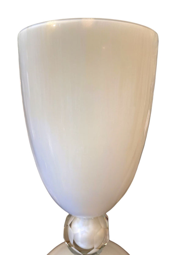 Large Murano White Glass Vase with Clear Faceted Knop, Italy, Circa 1970's.