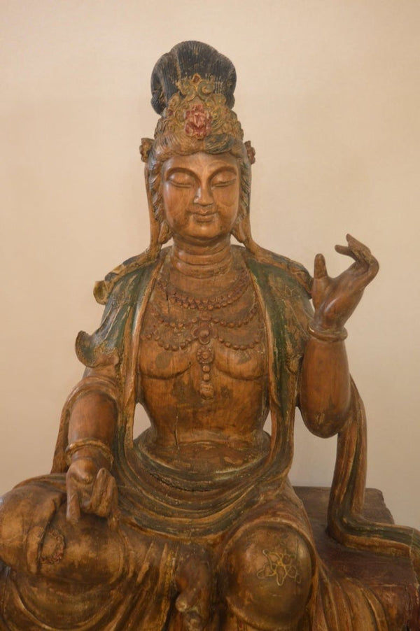 Large Chinese Hand-Carved Polychrome Wood Figure of Guanyin, Late 19th Century.