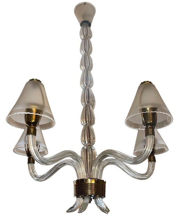 Ercole Barovier Murano Glass Five-Arm Chandelier w Frosted Shades. Italy, 1940's