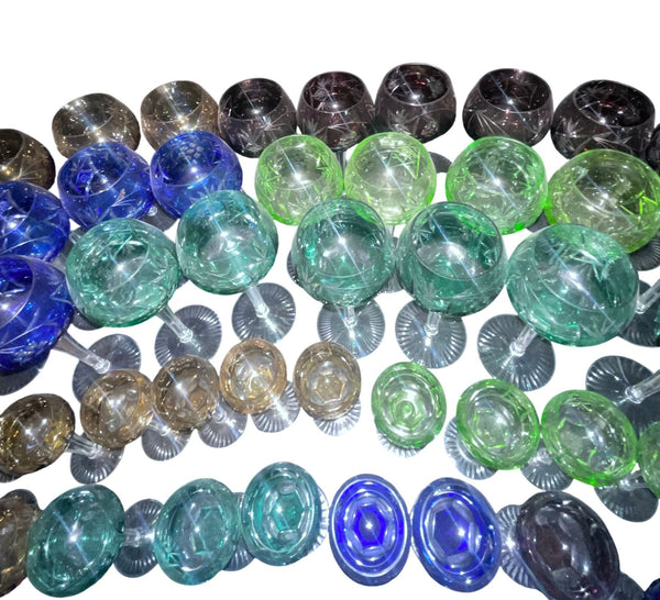 Set of Sixty Cut Crystal Colored Wine & Cordial Glasses. Czech Republic Mid-20th
