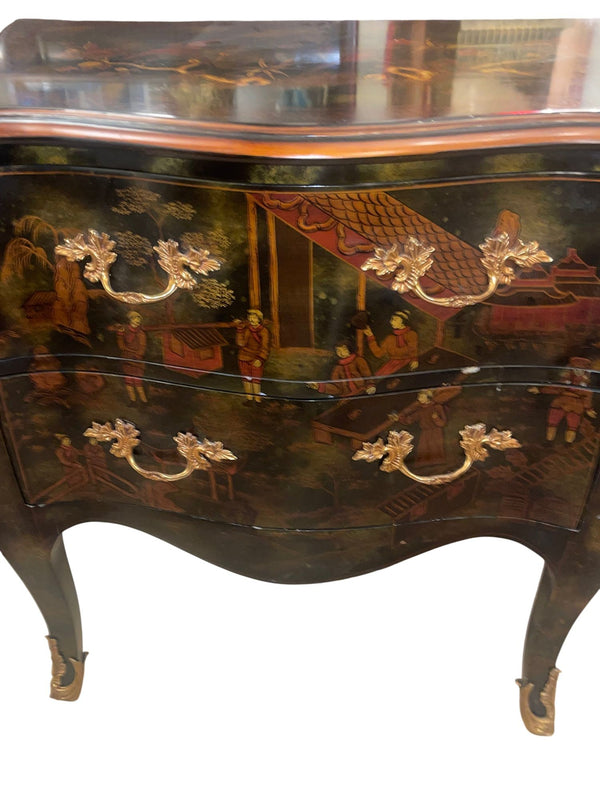 Pair of English Chinoiserie Two-Drawer Nightstands. 20th Century.