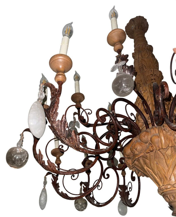 French Provincial Rock Crystal, Wrought Iron & Wood Chandelier. 1940's.