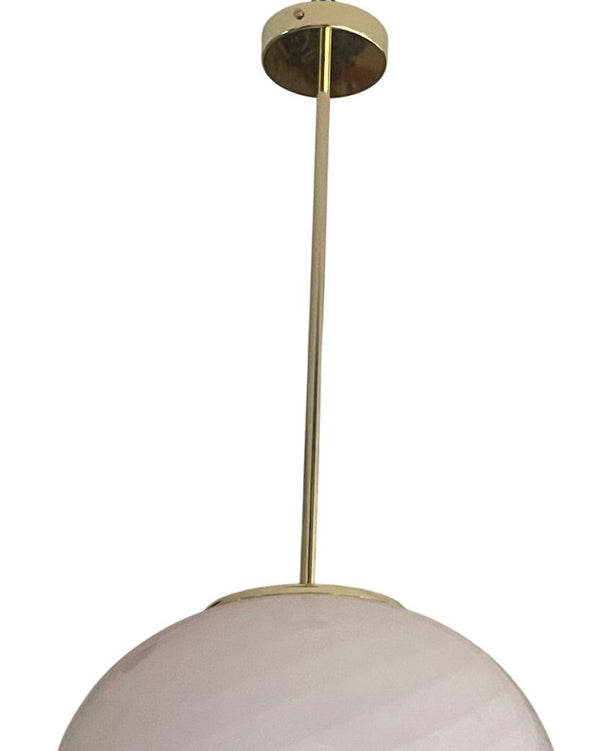 Pair of Pink Murano Glass Globe Chandeliers with Swirl Design. Italy, 1970's.