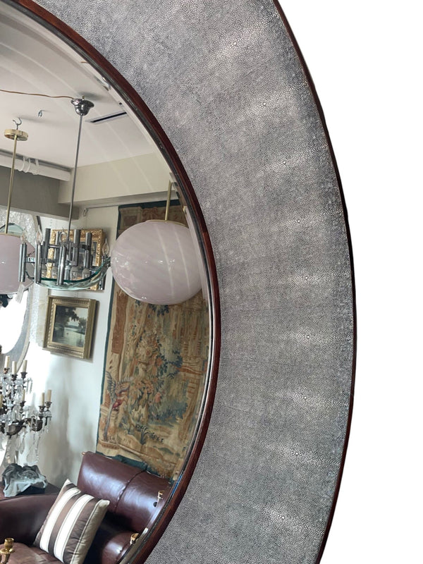 Italian Faux Shagreen & Walnut Concave Round Mirror, Late 20th Century.