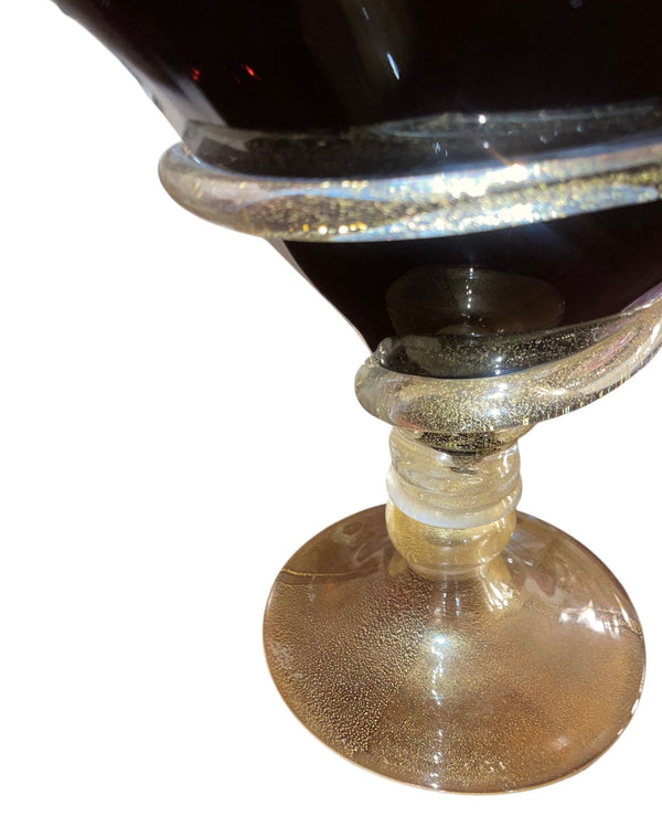 Dark Amethyst Murano Glass & Gold Fleck Glass Compote. Signed by Camozzo.