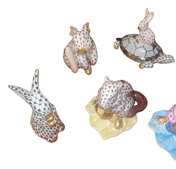 Set of Ten Herend Fishnet Porcelain Animal Figurines. Hungary, 20th Century.