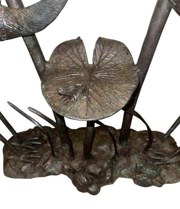 LaBarge Bronze Crane & Lily Pad Glass Top Console Table. U.S.A Late 20th Century