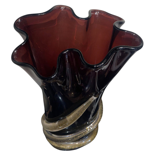 Signed Camozzo Dark Amethyst & Gold Fleck Murano Glass Vase. Italy, Late 20th C.