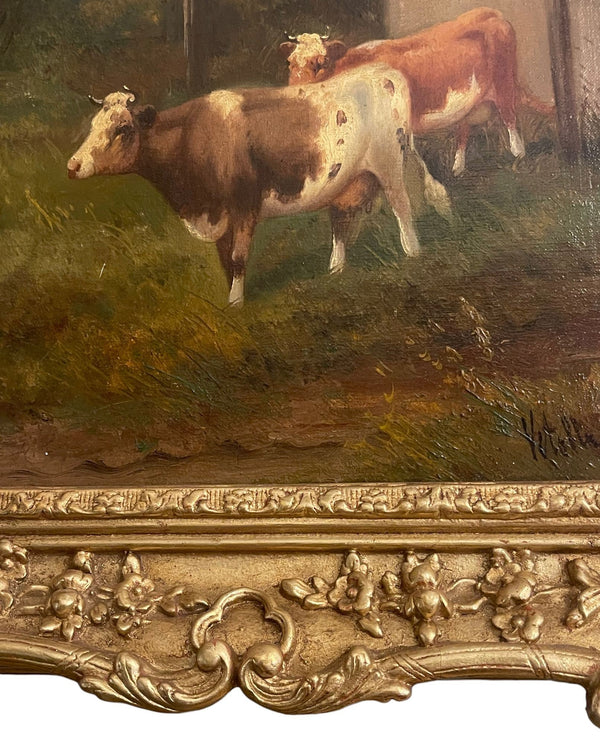 19th Century Italian Pastoral Cow Painting Signed by Vitolla