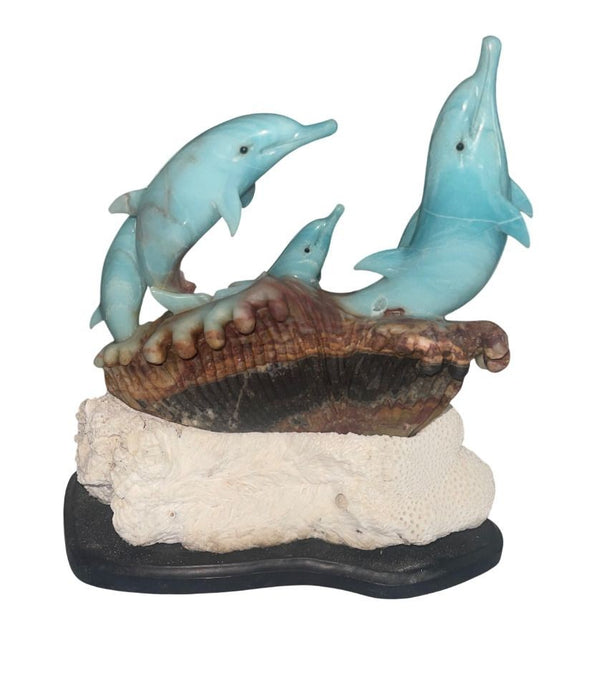 Blue Quartzite Dolphin Sculpture on Onyx Base, Brazil, Late 20th Century.
