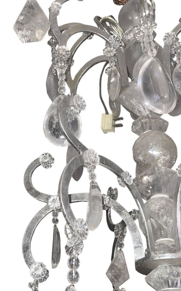 Italian 20th Century Silver Leaf Wrought Iron Chandelier with Rock Crystal