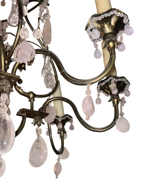 Maison Baguès Rock Crystal & Rose Quartz Chandelier, France, 1940's