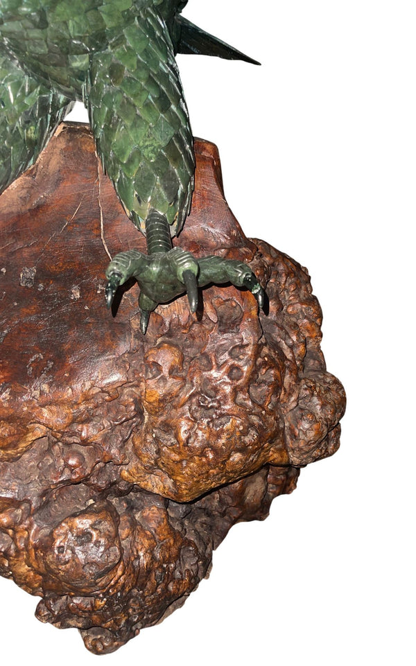 Monumental 20th century Chinese Spinach Jade Carved Eagle on Naturalistic Base