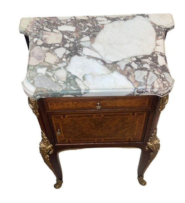 Pair French Bronze-Mounted Marble-Top Nightstands Louis XV Style, Late 19th C.