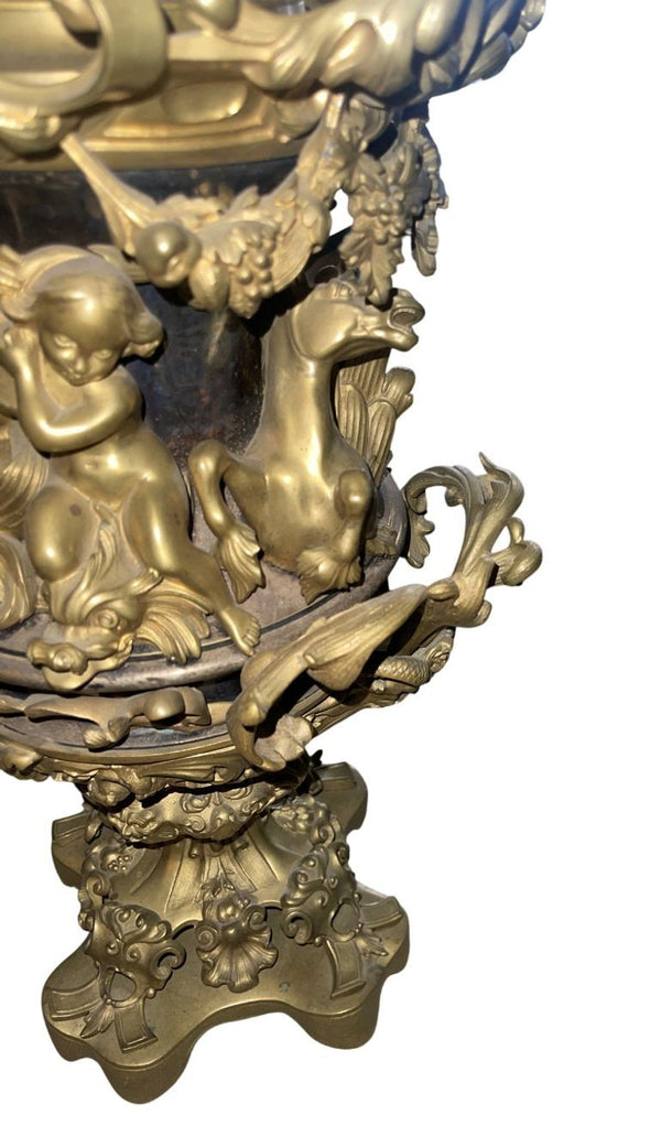 Large Italian Bronze Oil Lamp Electrified Cut Glass Cherub Base
