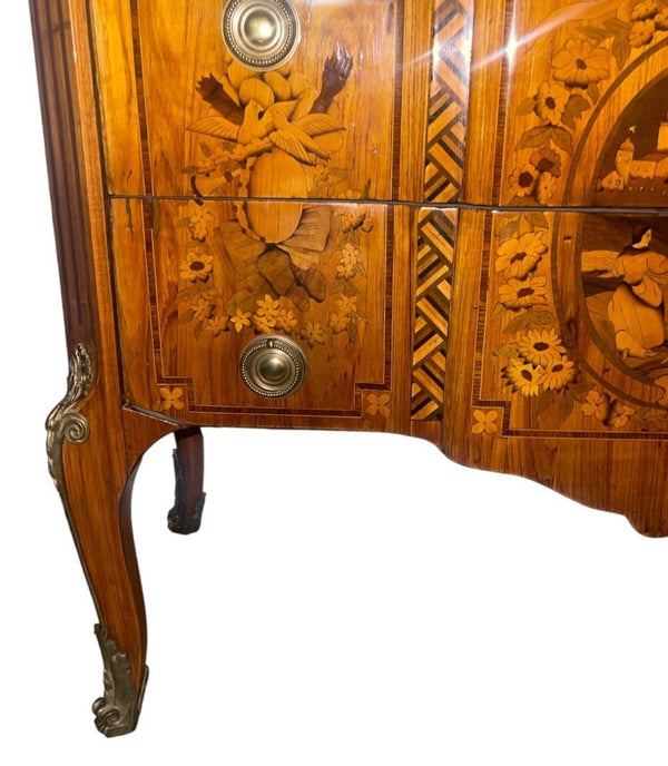19th Century French Louis XV Style Inlaid Commode with Bronze & Marble Top.