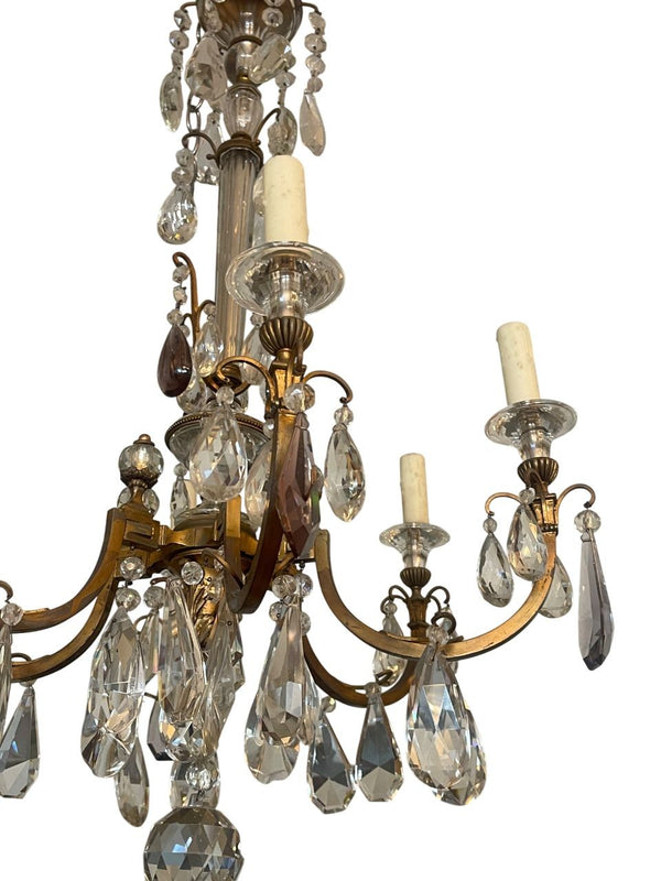 Bronze Chandelier with Clear & Amethyst Cut Crystal. France, 1920's.