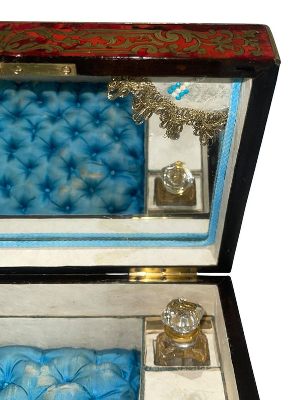 French Mid-19th Century Boulle Jewelry Box with Mirror and Perfume Bottle.