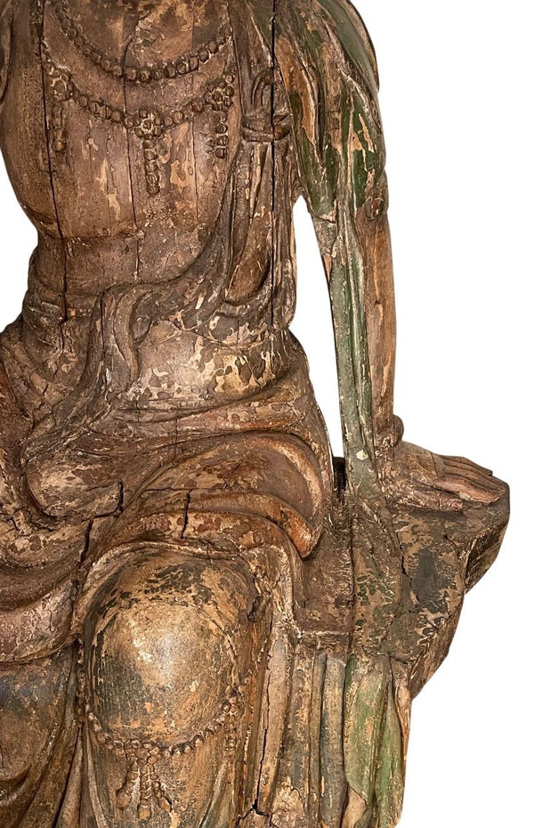 Monumental Chinese Song Dynasty Style Carved Wood & Polychrome Guanyin. 19th C.