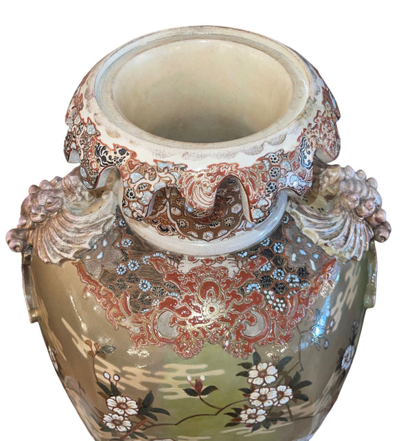 Large Antique Japanese Satsuma Earthenware Floor Vase Meiji Style, Early 20th C.