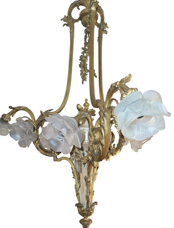 French 19th-C Bronze Chandelier with Marble Body, Wedgwood Plaque & Glass Shades