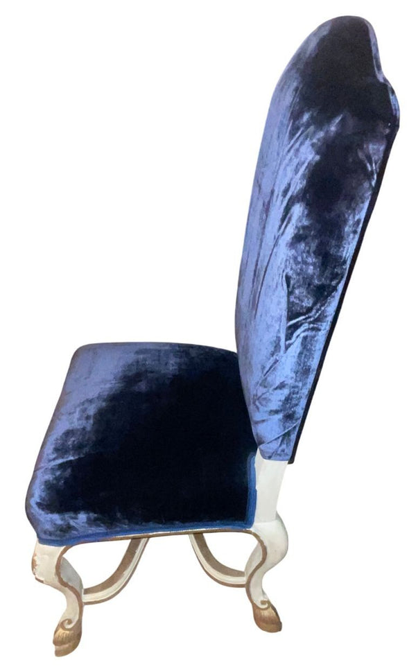 Set of Eight Italian Early 20th C. Gilded and Painted Chairs with Blue Velvet