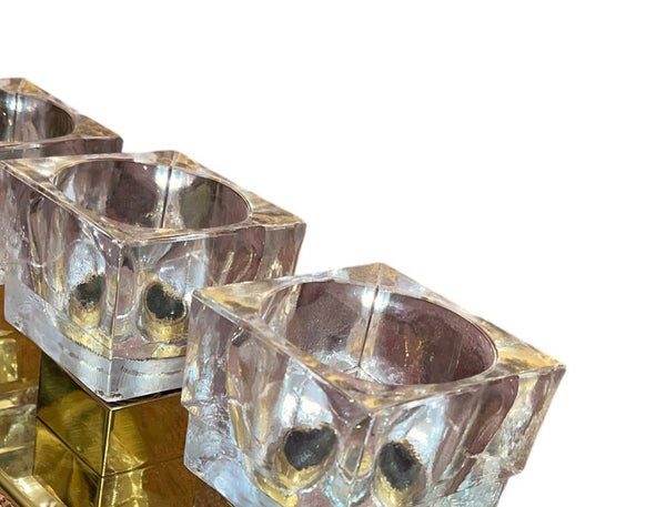 Set of Six Italian Sciolari Murano Glass Cubes & Brass Sconces, 1960's.