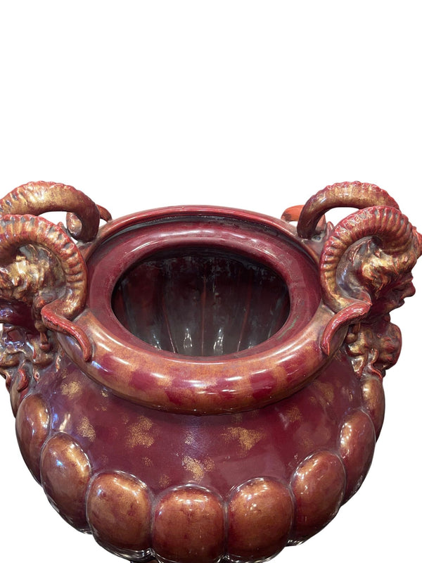 Large Continental Glazed Earthenware Faun Mask Jardinière. Early 20th Century.