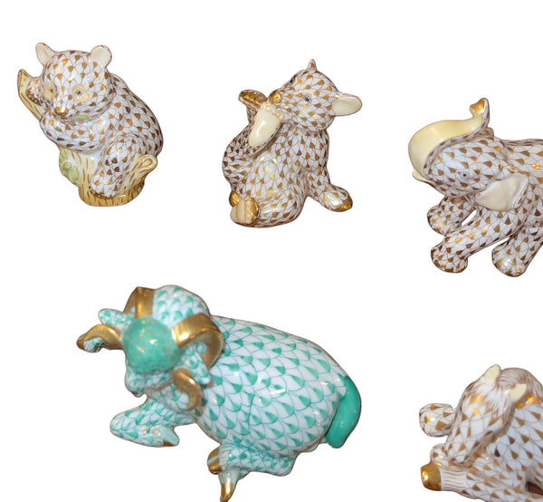 Set of Nine Herend Fishnet Porcelain Animal Figurines