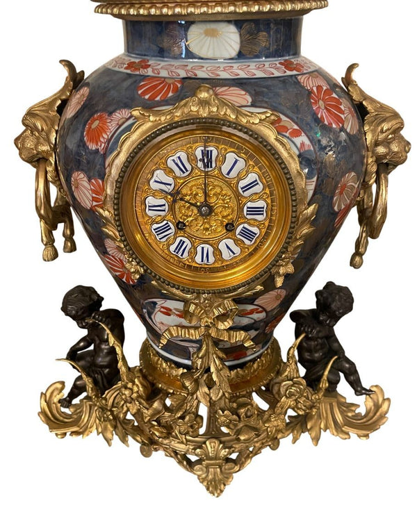 19th Century French Imari Porcelain & Patinated Bronze Garniture Clock Set