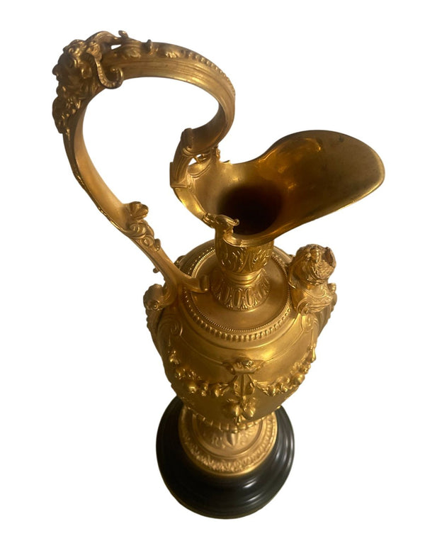 Pair of French Belle Époque Gilt Bronze Ewers on Marble Bases. Late 19th Century
