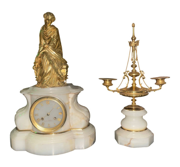 Early 20th Century French Bronze & Onyx Clock Garniture, Allegory of the Arts.
