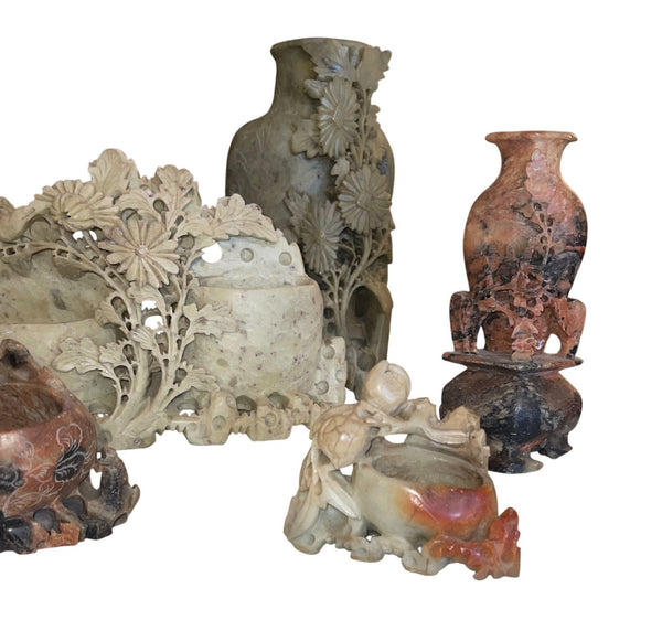 Eight Vintage Chinese Soapstone Carved Brush Pots & Vessels. Early 20th Century.