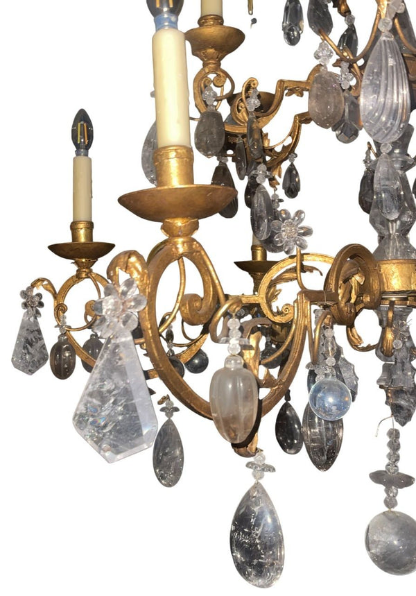Late 20th Century Hand-Carved Rock Crystal and Wrought Iron Chandelier. U.S.A.
