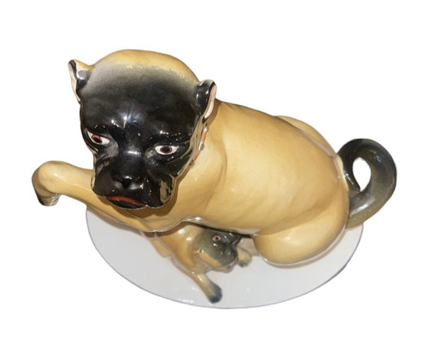 Pair of Mottahedeh Pug Dog Figures, Staffordshire Style, Mid-20th Century.