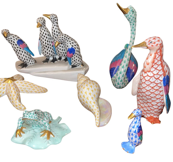 Set of Ten Herend Porcelain Aquatic Animal Figurines. Hungary, 20th Century.