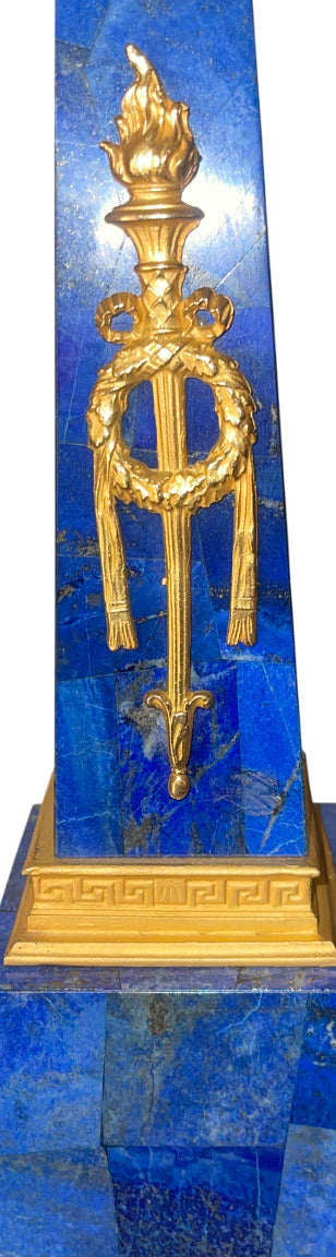 Pair of Early 20th-Century French Lapis Lazuli & Gilt Bronze Obelisk Candelabras