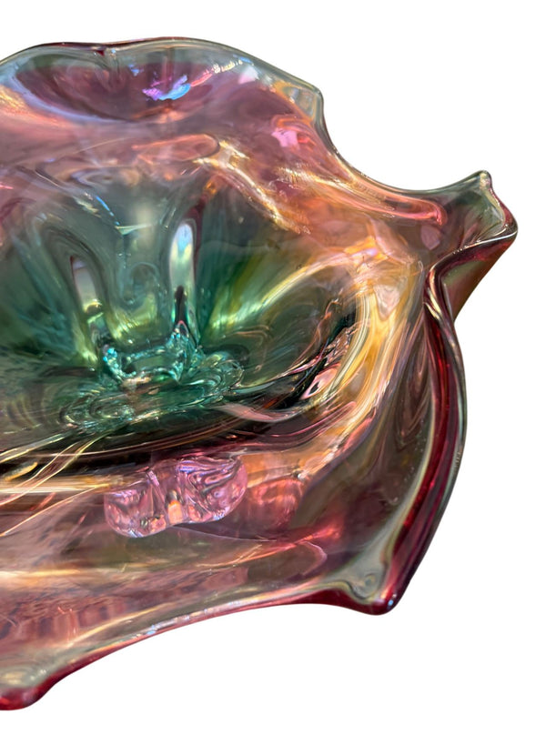 Murano Glass Footed Bowl Emerald Green, Pink & Clear, Italy, Late 20th Century