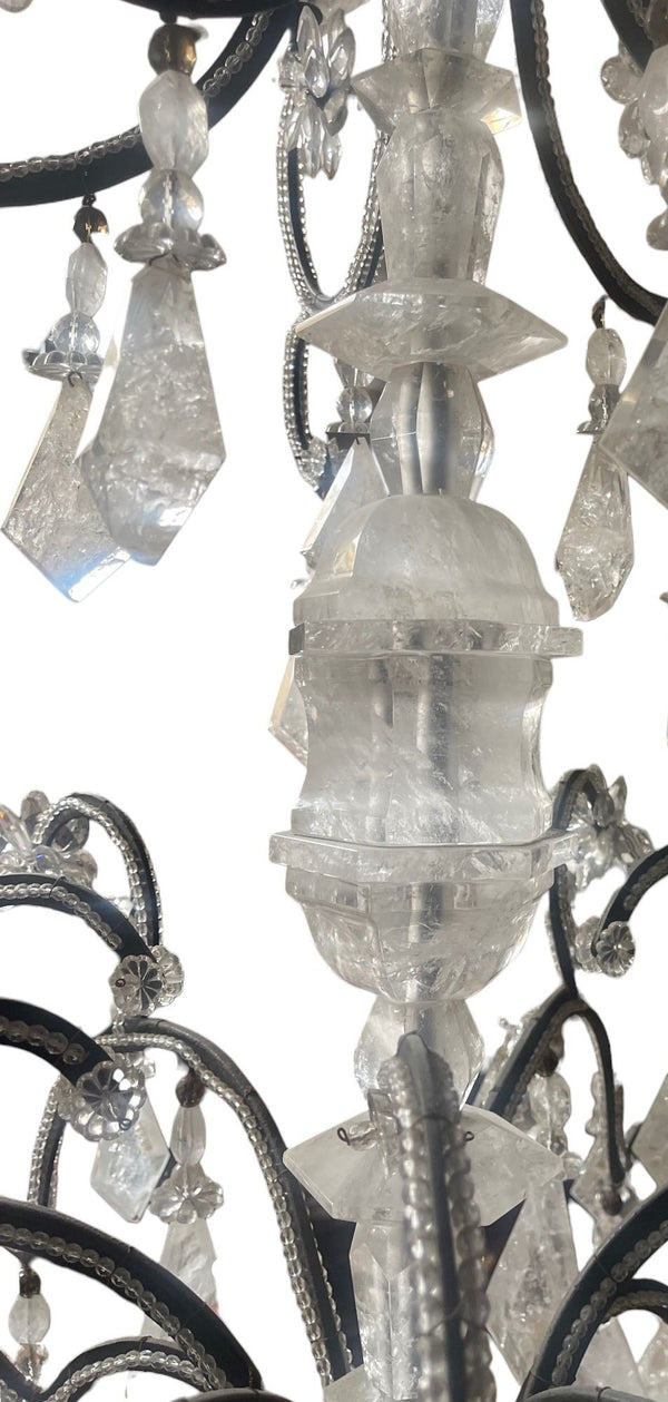 Elegant Italian Rock Crystal & Black Metal Chandelier. 20th Century.