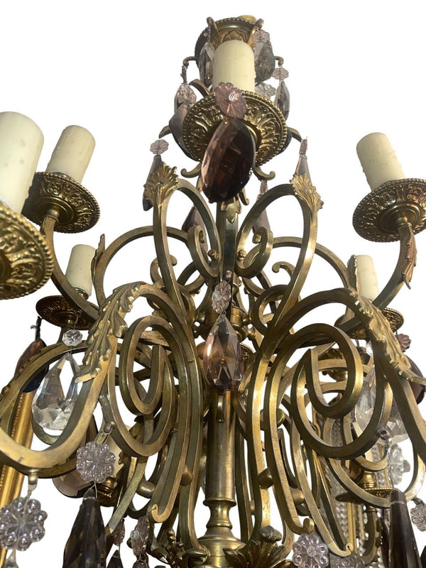 French Early 20th Century Brass and Bronze Chandelier w Mixed Cut Crystal Colors