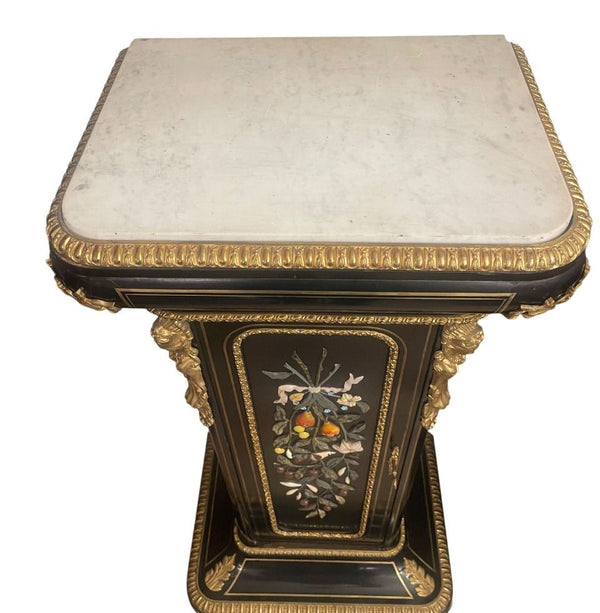 Similar Pair 19th C. Napoleon III Ebonized Pedestals with Hardstone & Bronze.