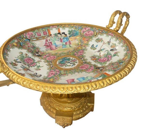 Late 19th C. French Gilt Bronze Mounted Chinese Famille Rose Centerpiece Tazza