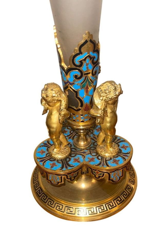 Late 19th Century French Champlevé Enamel and Gilt Bronze Mounted Glass Vase