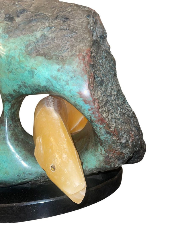Late 20th Century Campbell Calcite Fish Sculpture Bronze Reef Marble Base U.S.A.