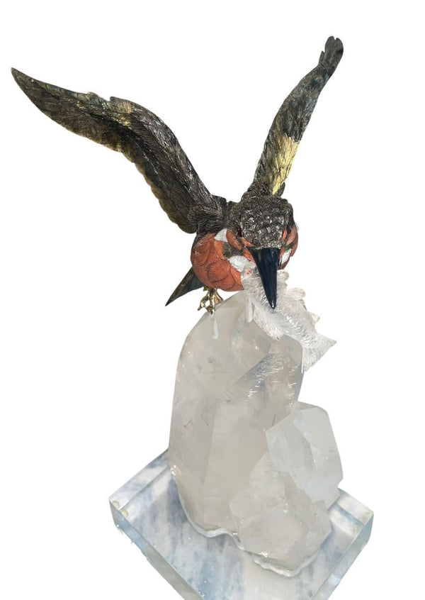 Peter Muller Labradorite Kingfisher Sculpture Quartz Base. Switzerland, 1980's.