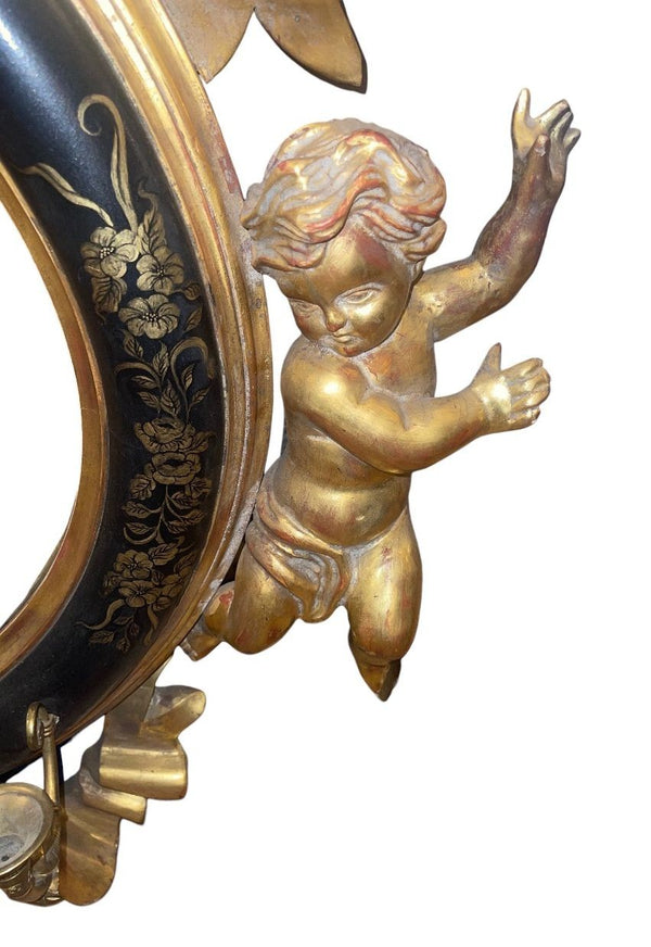 Italian 20th C. Rococo Style Ebonized & Giltwood Mirror w/ Putti & Candle Arms