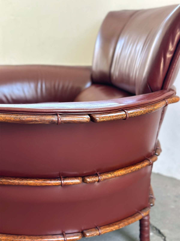 Set of Burgundy Leather Armchair and Ottoman by Pacific Green