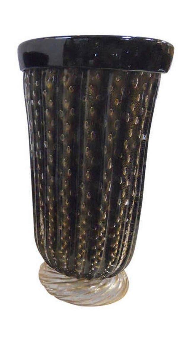 Elegant Pair of Murano Black & Gold Vases by Pino Signoretto. Italy, 1960's.